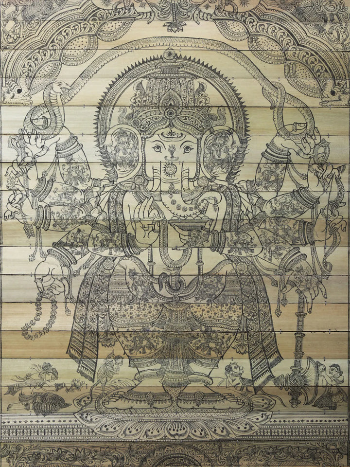 Ten Armed Mahaganapti with Serpent Vaasuki Stretched Over His Head (Based on the Ganesha Purana) Pattachitra Painting on Cloth by Rabi Behera · view 2