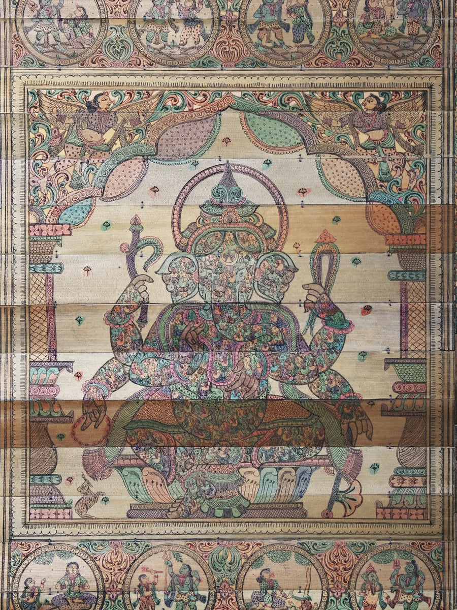 Sitting Six Hands Lord Ganesha with His Life Story Pattachitra Painting on Cloth