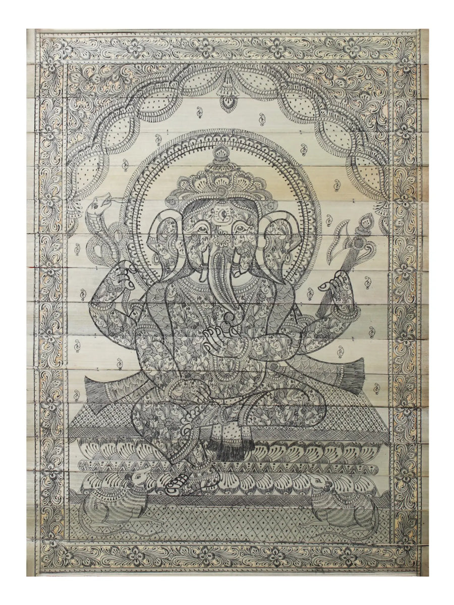 Sitting Four Hands Lord Gajanana Made of Small Ganeshas Pattachitra Painting on Cloth