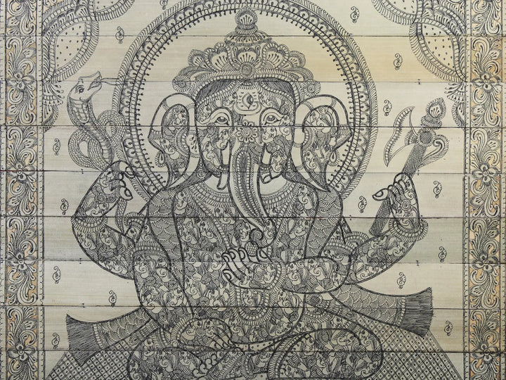 Sitting Four Hands Lord Gajanana Made of Small Ganeshas Pattachitra Painting on Cloth · view 4
