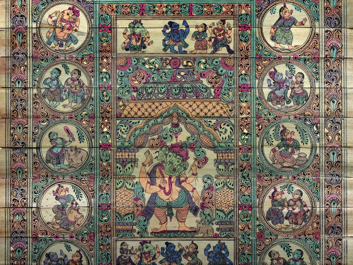 Standing Chaturbhuja Lord Ganesha with His Life Story Pattachitra Painting on Cloth by Rabi Behera · view 4