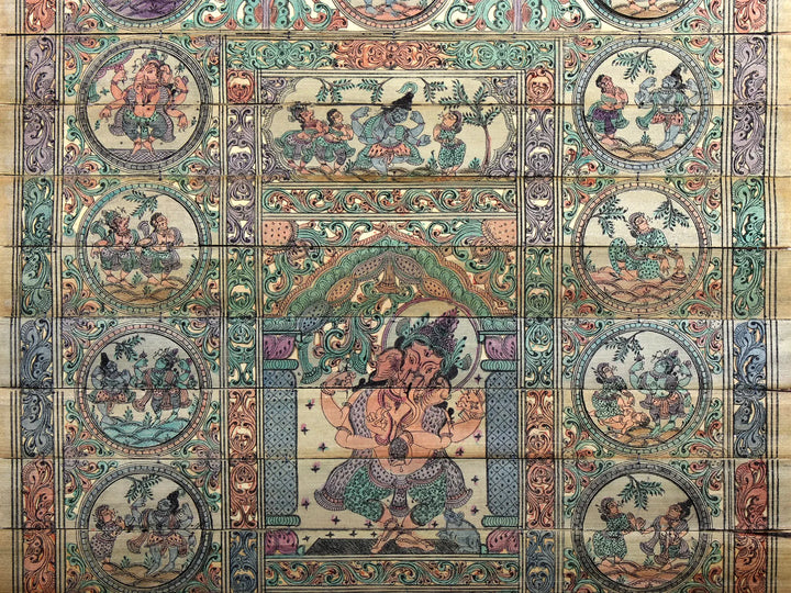 Dancing Chaturbhuja Ganesha with Episodes of His Life Story Pattachitra Painting on Cloth by Rabi Behera · view 4