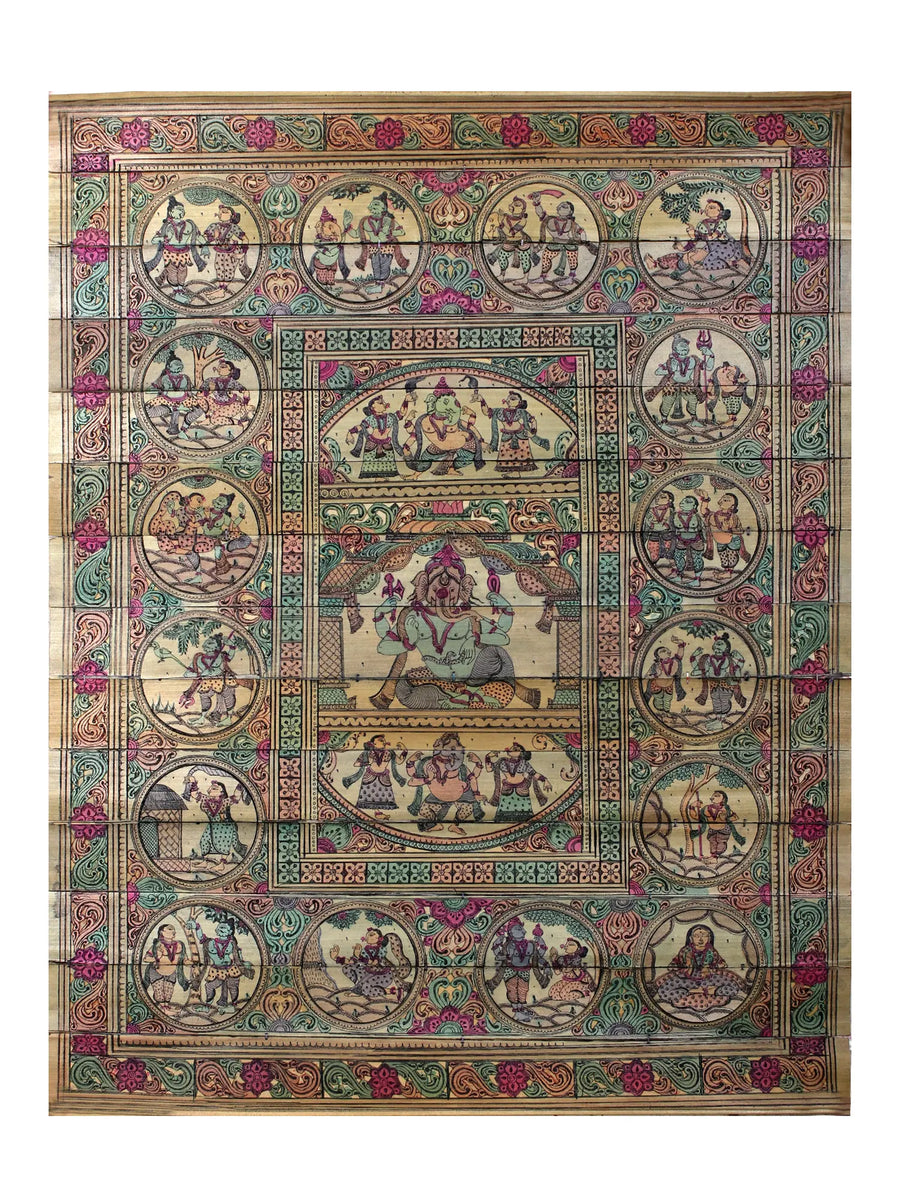 Sitting Lord Ganesha at Center with the Story of His Life Pattachitra Painting on Cloth by Rabi Behera