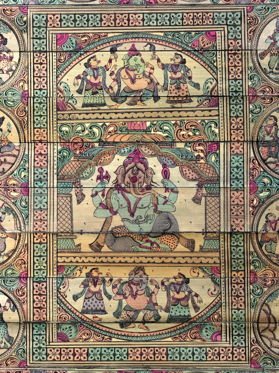 Sitting Lord Ganesha at Center with the Story of His Life Pattachitra Painting on Cloth by Rabi Behera