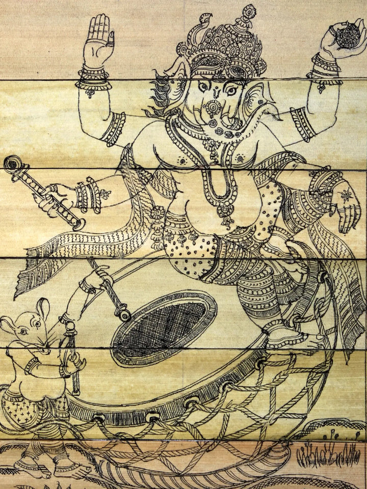 Chaturbhuja Lord Ganesha Seated on Drum Pattachitra Painting on Cloth by Rabi Behera · view 2