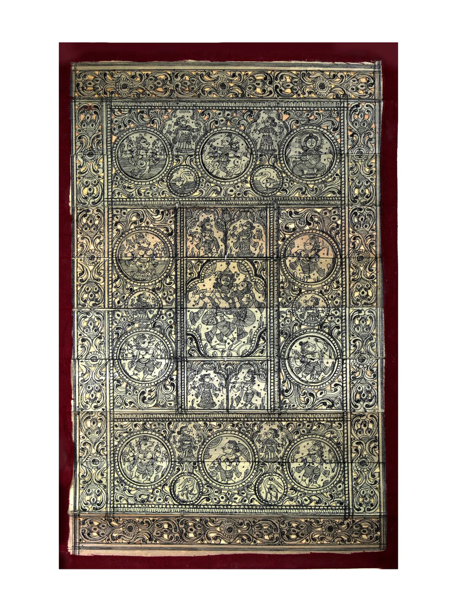Radha-Krishna at Center with Ten Incarnations of Lord Vishnu (Dashavatara) Pattachitra Painting on Cloth