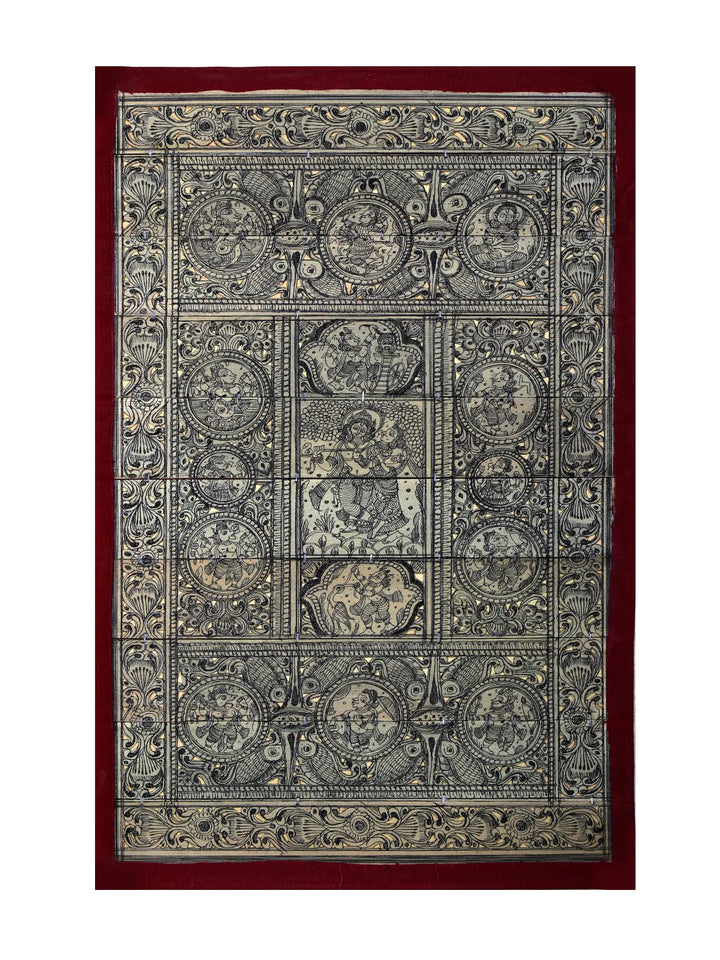 Episodes of Krishna Leela at Center with Ten Incarnations of Lord Vishnu (Dashavatara) Pattachitra Painting on Cloth · view 1