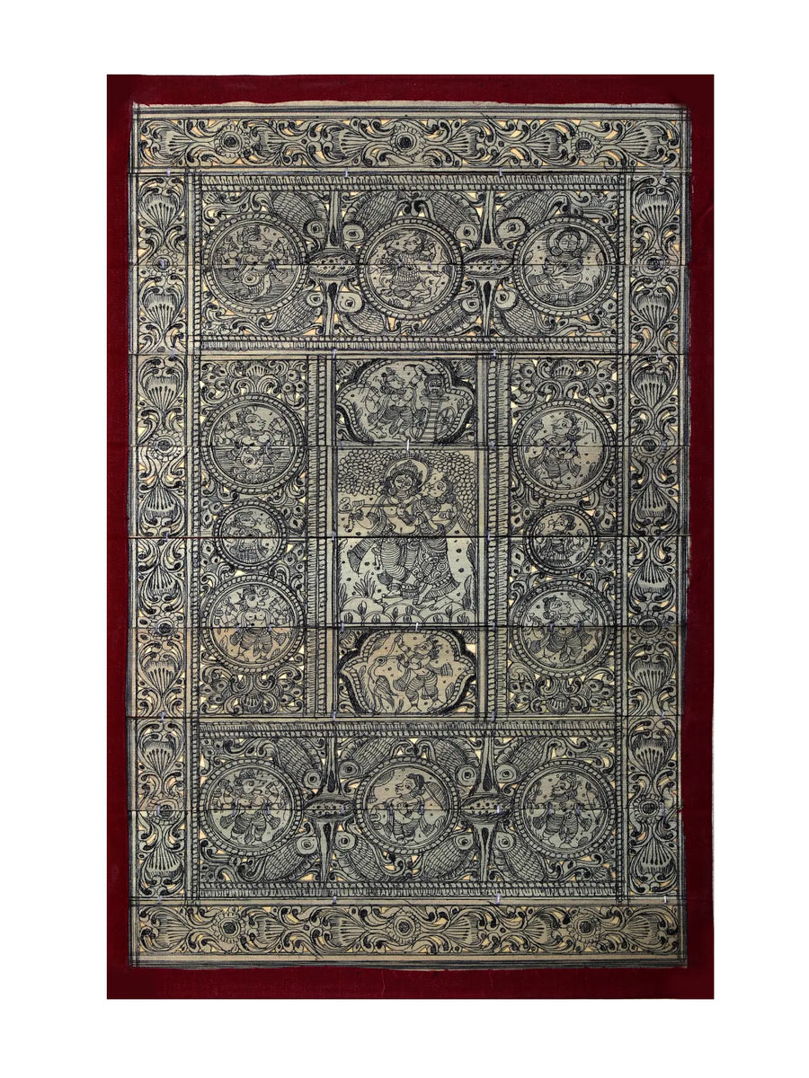Episodes of Krishna Leela at Center with Ten Incarnations of Lord Vishnu (Dashavatara) Pattachitra Painting on Cloth