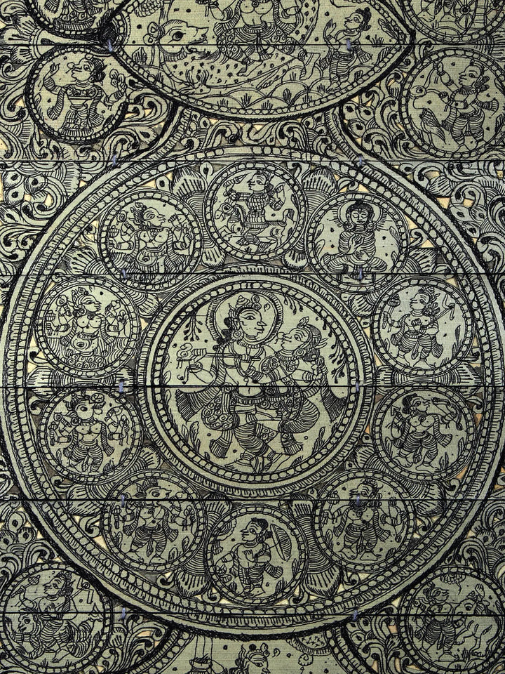 Kanhaiya and Radharani (Radha-Krishna) with Episodes of Krishna Leela Pattachitra Painting on Cloth · view 2