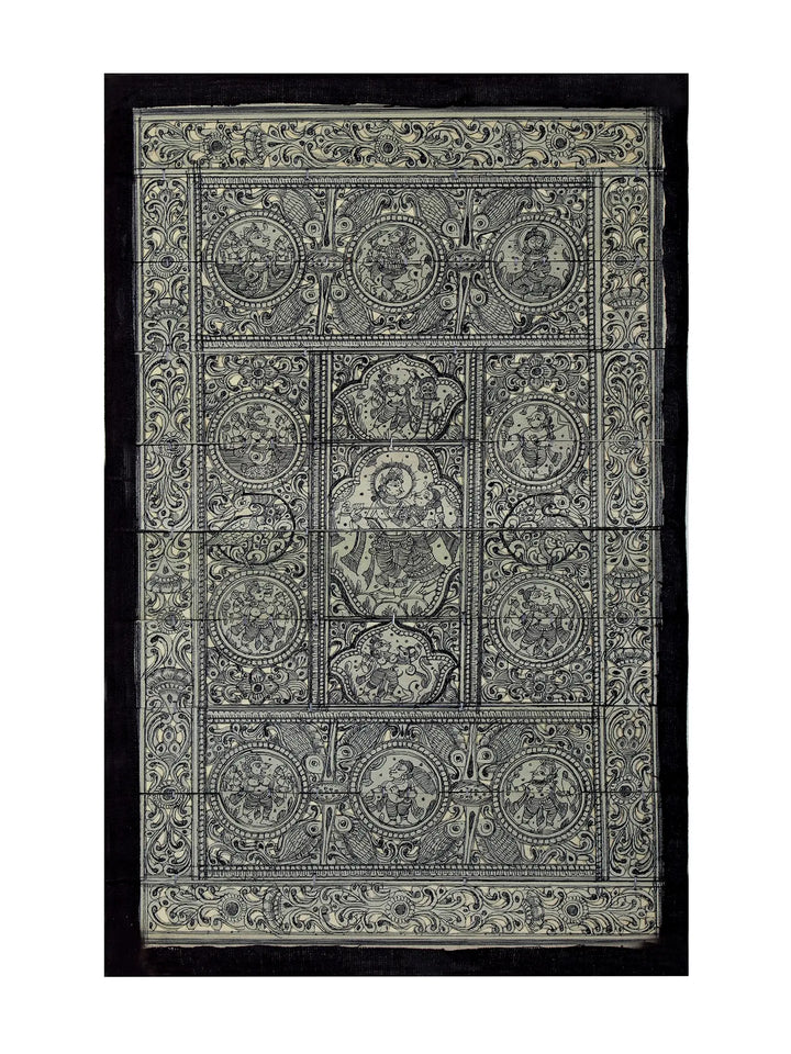 Episodes of Krishna Leela at Center with Ten Incarnations of Lord Vishnu Pattachitra Painting on Cloth · view 1