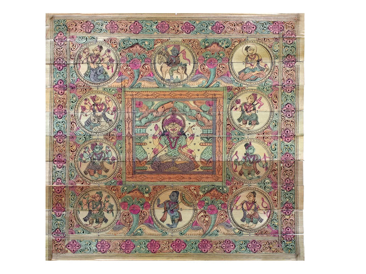 Sitting Goddess Lakshmi at Center with Dashavatara of Lord Vishnu Pattachitra Painting on Cloth · view 1