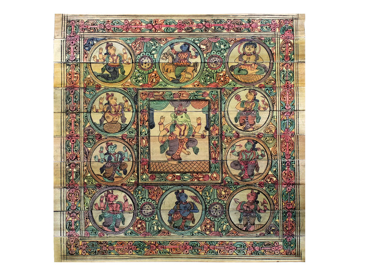 Four Hands Lord Ganesha at Center with Dashavatara of Lord Vishnu Pattachitra Painting on Cloth · view 1