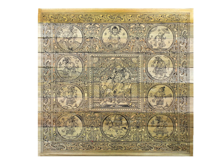 Chaturbhuja Dancing Ganesha at Center with Ten Incarnations of Lord Vishnu (Dashavatara) Pattachitra Painting on Cloth · view 1