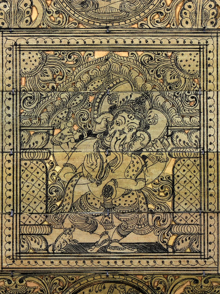 Chaturbhuja Dancing Ganesha at Center with Ten Incarnations of Lord Vishnu (Dashavatara) Pattachitra Painting on Cloth · view 2