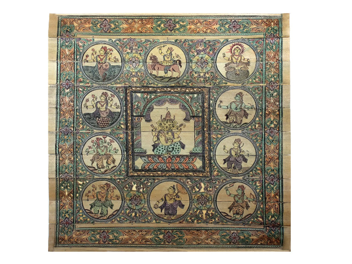 Sitting Lord Ganapati at Center with Ten Incarnations of Lord Vishnu (Dashavatara) Pattachitra Painting on Cloth · view 1