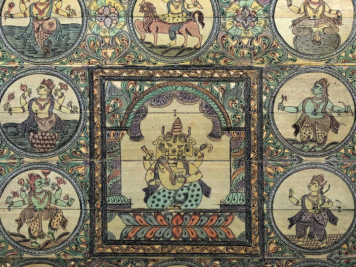 Sitting Lord Ganapati at Center with Ten Incarnations of Lord Vishnu (Dashavatara) Pattachitra Painting on Cloth · view 2