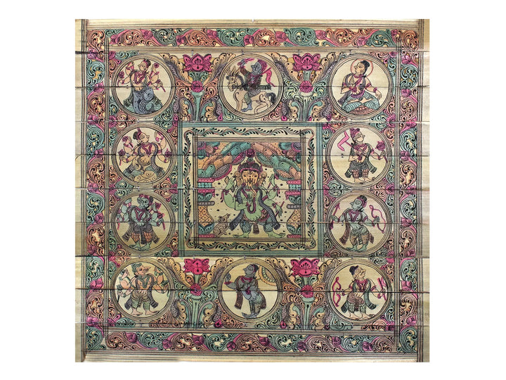 Chaturbhujadhari Lord Ganesha with Ten Incarnations of Lord Vishnu (Dashavatara) Pattachitra Painting on Cloth · view 1