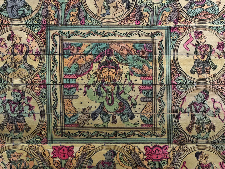 Chaturbhujadhari Lord Ganesha with Ten Incarnations of Lord Vishnu (Dashavatara) Pattachitra Painting on Cloth · view 2