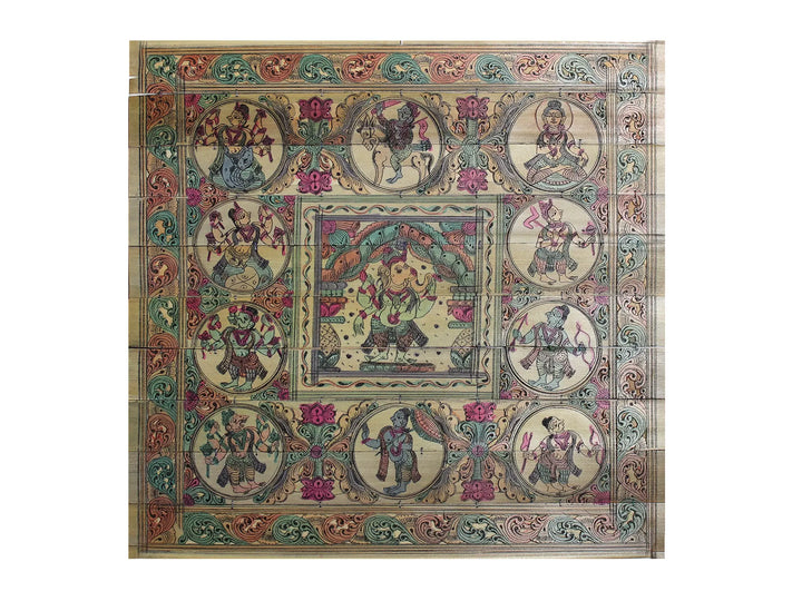 Chaturbhuja Lord Ganesha at Center with Dashavatara of Lord Vishnu on Border Pattachitra Painting on Cloth · view 1