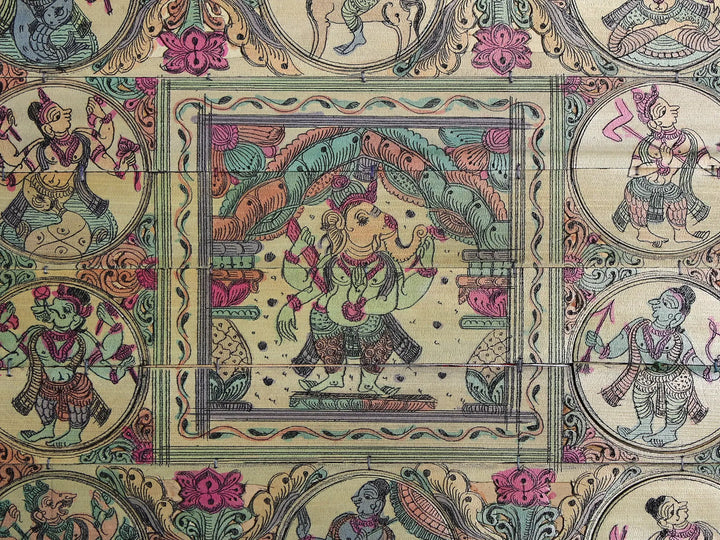 Chaturbhuja Lord Ganesha at Center with Dashavatara of Lord Vishnu on Border Pattachitra Painting on Cloth · view 2