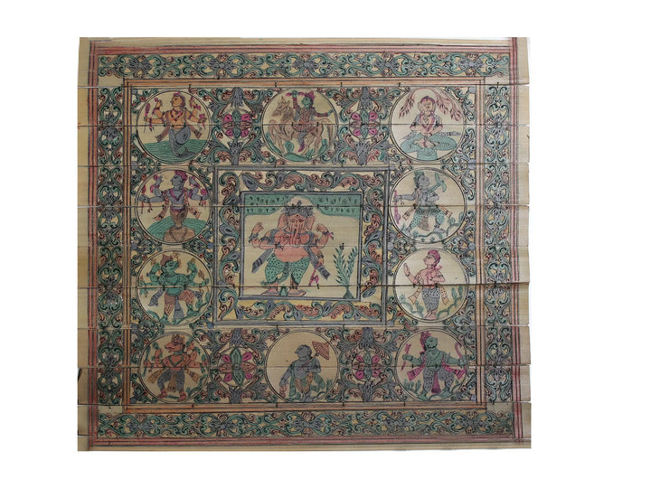 Standing Chaturbhuja Lord Ganesha with Lord Vishnu's Dashavatara Pattachitra Painting on Cloth · view 1