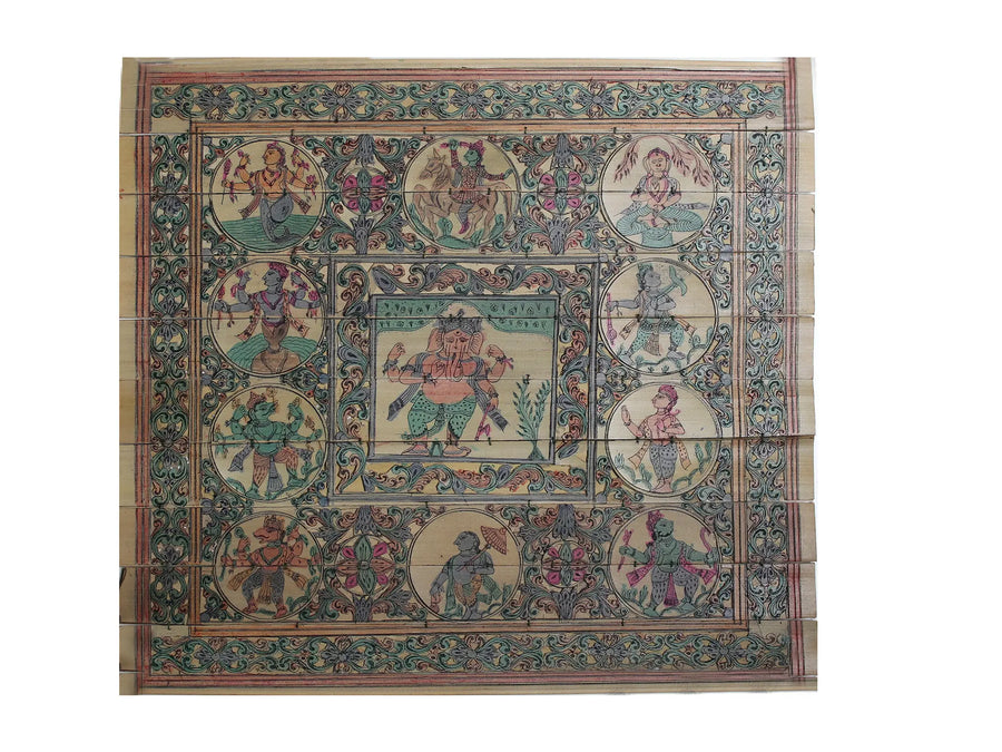 Standing Chaturbhuja Lord Ganesha with Lord Vishnu's Dashavatara Pattachitra Painting on Cloth