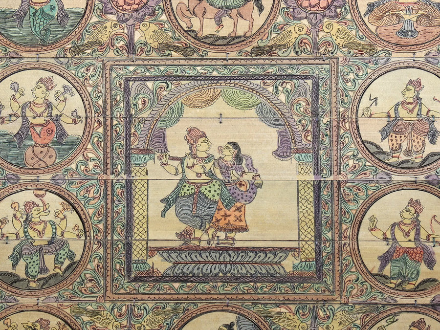 Standing Radha Krishna at Center with Ten Incarnations of Lord Vishnu (Dashavatara) Pattachitra Painting on Cloth