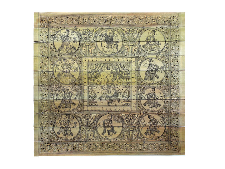 Dancing Lord Ganesha at Center with Dashavatara of Lord Vishnu Pattachitra Painting on Cloth · view 1