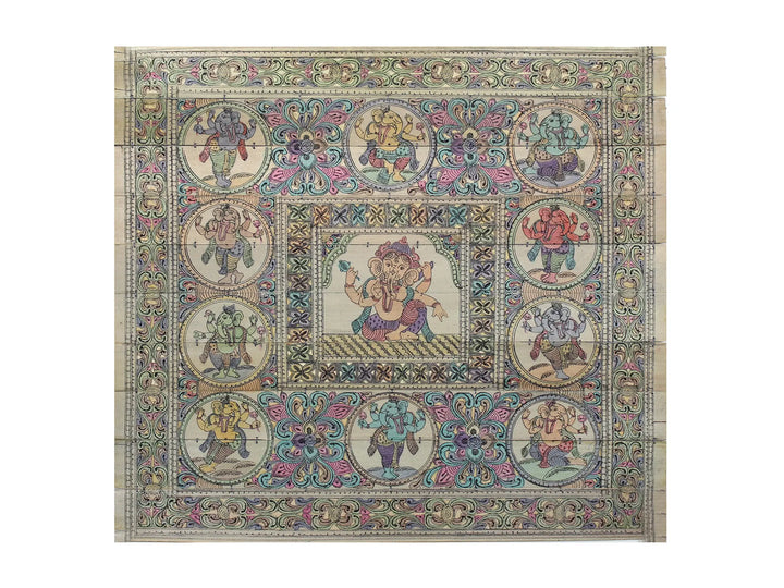 Sitting Lord Ganesha at Center with His Different Forms Pattachitra Painting on Cloth · view 1