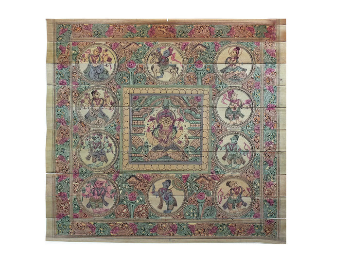 Goddess Lakshmi at Center with Lord Vishnu's Ten Incarnations (Dashavatara) Pattachitra Painting on Cloth · view 1