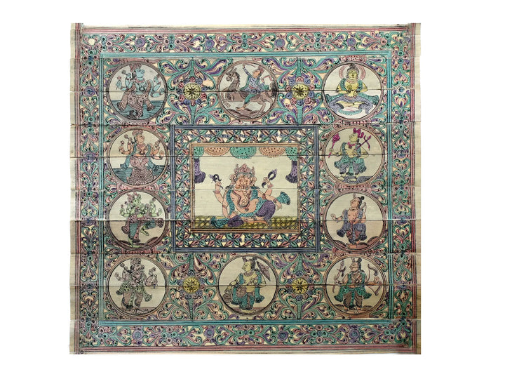 Sitting Lord Ganesha at Center with Dashavatara of Lord Vishnu Pattachitra Painting on Cloth · view 1