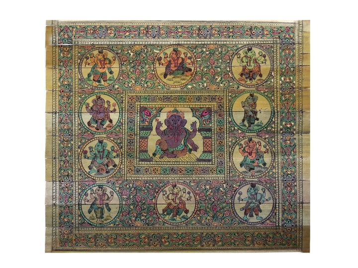 Sitting Lord Ganesha at Center with His Different Forms Pattachitra Painting on Cloth · view 1