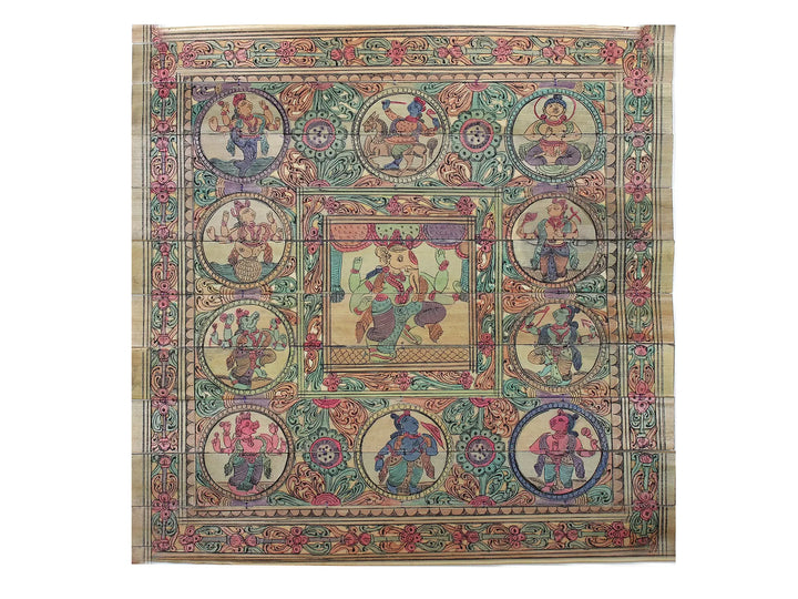 Dancing Lord Ganesha at Center with Ten Incarnations of Lord Vishnu (Dashavatara) Pattachitra Painting on Cloth · view 1