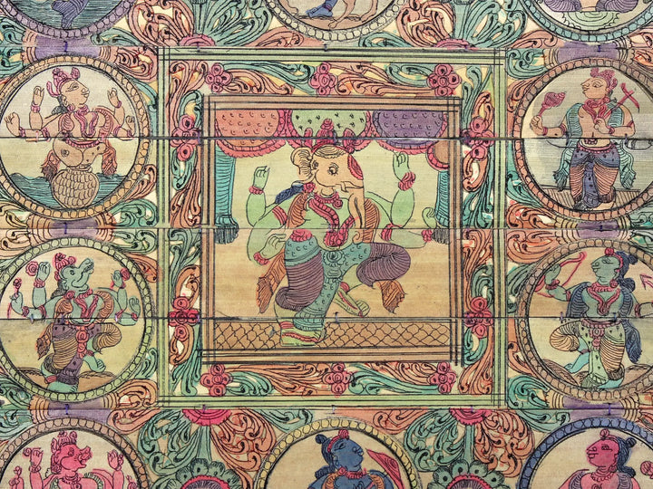 Dancing Lord Ganesha at Center with Ten Incarnations of Lord Vishnu (Dashavatara) Pattachitra Painting on Cloth · view 2