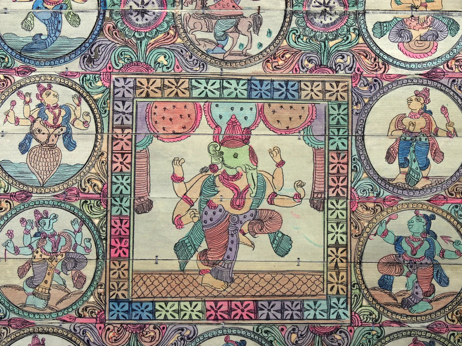 Four Hands Lord Ganapati with Ten Incarnations of Lord Vishnu (Dashavatara) Pattachitra Painting on Cloth
