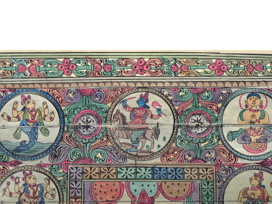 Four Hands Lord Ganapati with Ten Incarnations of Lord Vishnu (Dashavatara) Pattachitra Painting on Cloth