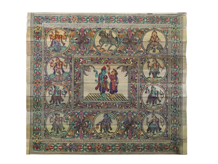 Dancing Radha-Krishna with Dashavatara of Lord Vishnu Pattachitra Painting on Cloth · view 1