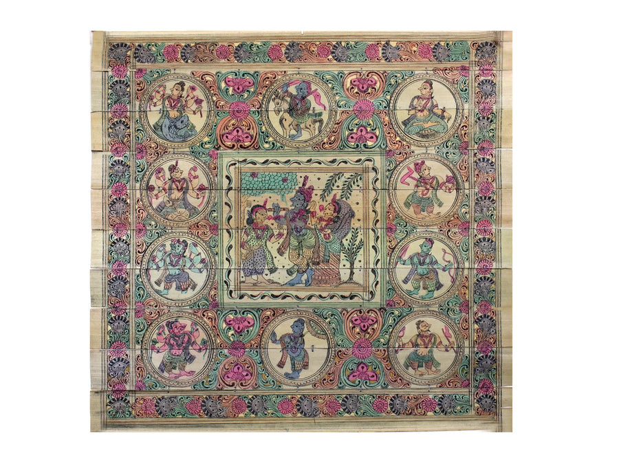 Lord Krishna with Rukmini and Satyabhama with Lord Vishnu's Dashavatara Pattachitra Painting on Cloth