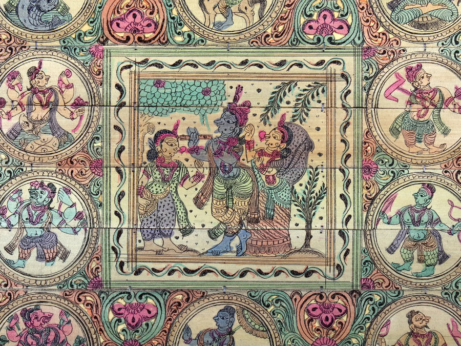 Lord Krishna with Rukmini and Satyabhama with Lord Vishnu's Dashavatara Pattachitra Painting on Cloth