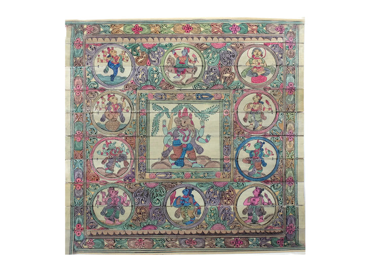 Standing Lord Ganapati with Ten Incarnations of Lord Vishnu (Dashavatara) Pattachitra Painting on Cloth · view 1