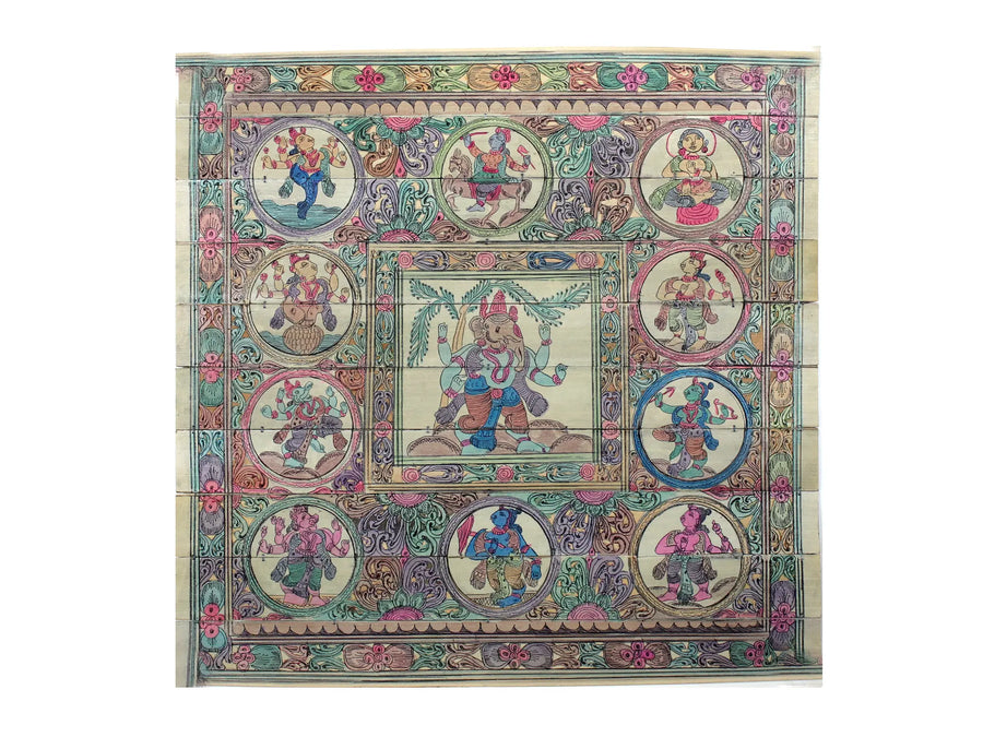 Standing Lord Ganapati with Ten Incarnations of Lord Vishnu (Dashavatara) Pattachitra Painting on Cloth