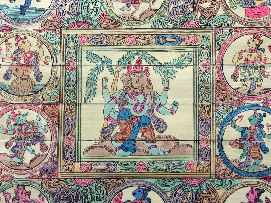 Standing Lord Ganapati with Ten Incarnations of Lord Vishnu (Dashavatara) Pattachitra Painting on Cloth