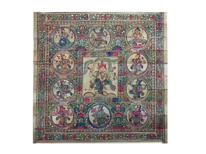 Four Hands Lord Gajanana at Center with Dashavatara of Lord Vishnu Pattachitra Painting on Cloth · view 1