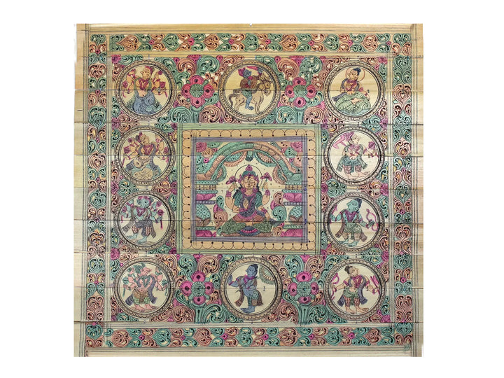 Sitting Four Hands Goddess Lakshmi with Lord Vishnu's Ten Incarnations (Dashavatara) Pattachitra Painting on Cloth · view 1