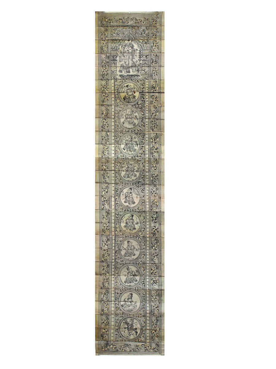 Lord Ganapati Seated on Lotus with Ten Incarnations of Lord Vishnu (Dashavatara) Pattachitra Painting on Cloth