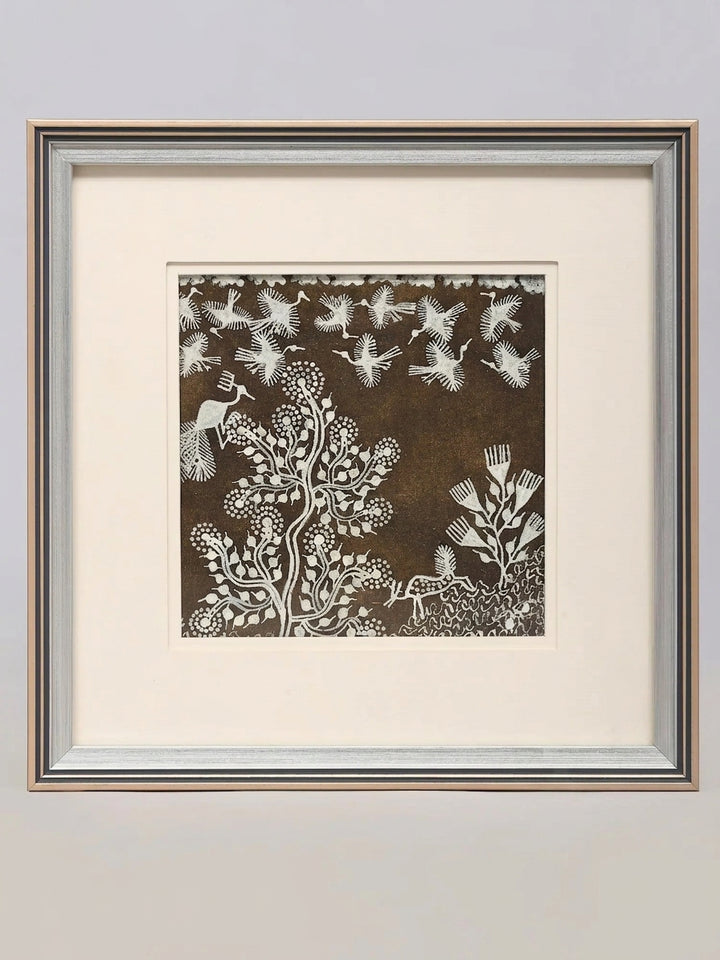 Tree with Chirping Birds Warli Painting on Cloth · view 1