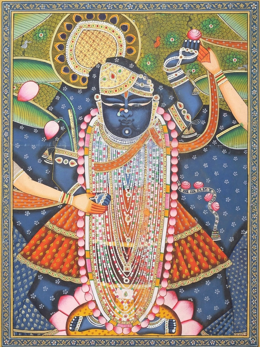 Divine Shrinathji with Gopis | Large Hand-Painted Nathdwara Pichwai