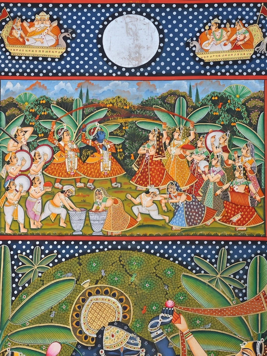 Divine Shrinathji with Gopis | Large Hand-Painted Nathdwara Pichwai
