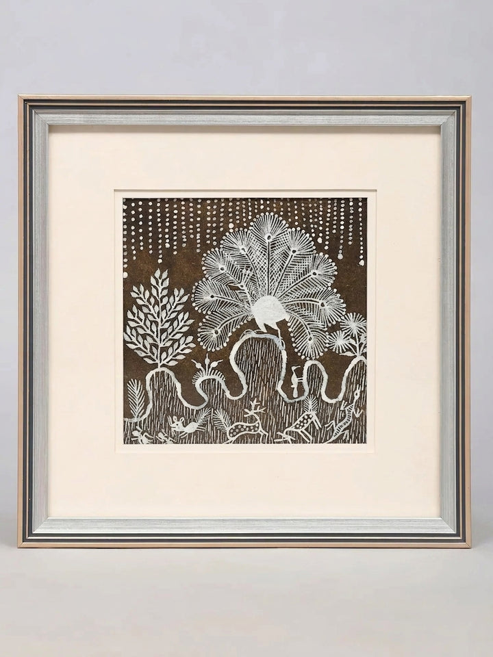 Peacock Dancing in the Rain Warli Painting on Cloth · view 1
