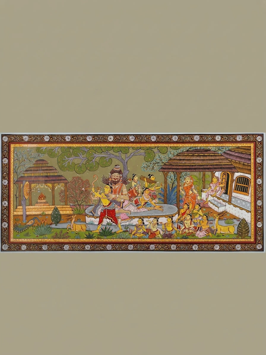 The Sage Valmiki Trains Luv - Kush in the of Archery - an Episode from the Ramayana Pattachitra Painting on Canvas